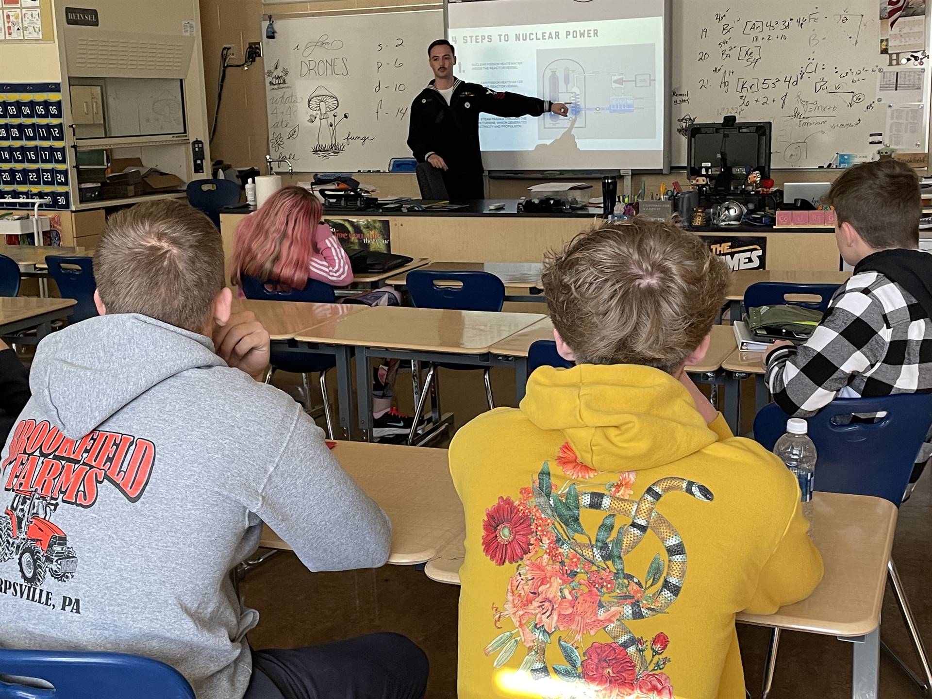 U.S. Navy Machinist Mate Nuclear 1st Class McClanahan speaks to BHS students