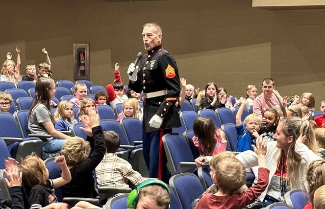 Sgt. David Oaks, US Marines, speaks to Brookfield Elementary students